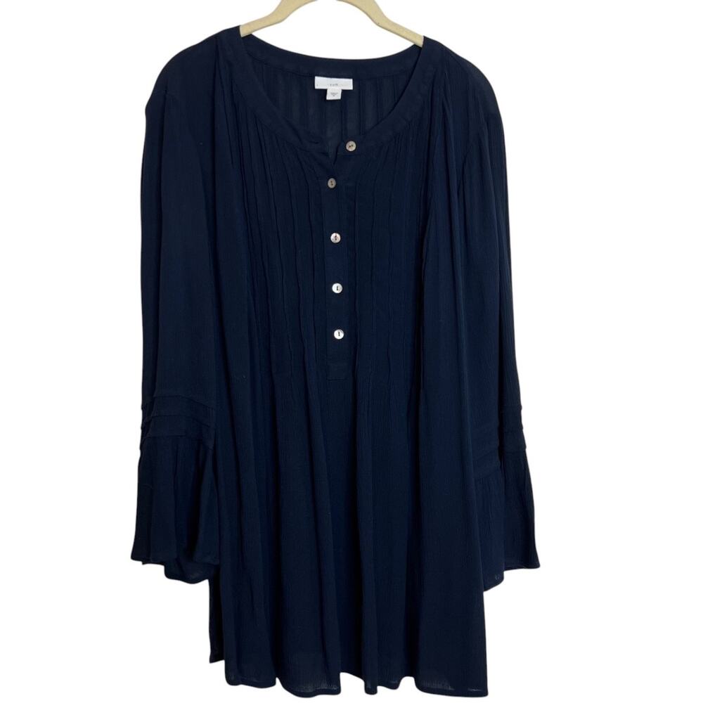 J Jill Womens Tunic Top Size Medium Navy Blue Pintucked Long Sleeve Button Front